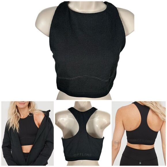 Offline By Aerie True Black Seamless Waffle Knit High Neck Sports Bra - Picture 1 of 11